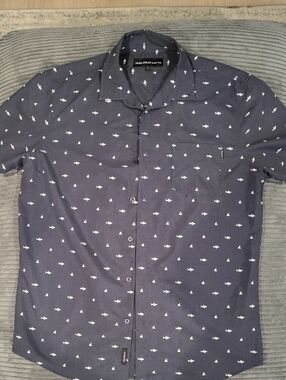 Nautica Navy Short-Sleeve Button-Down Shirt with White Shark Motif